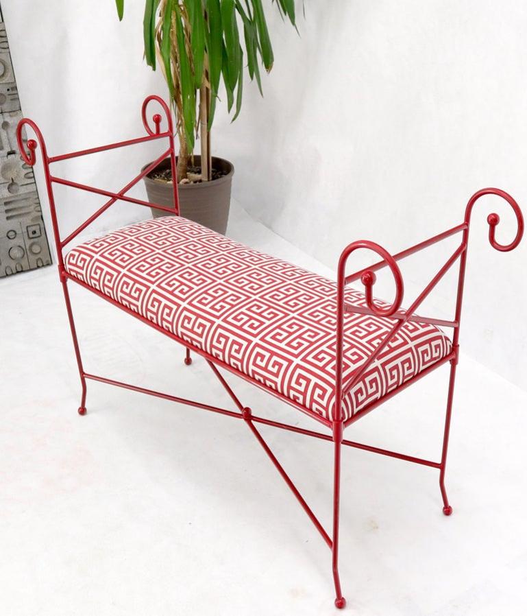 Circa 1960s Wrought Iron Window Bench Fully Restored New Red Lacquer Upholstery