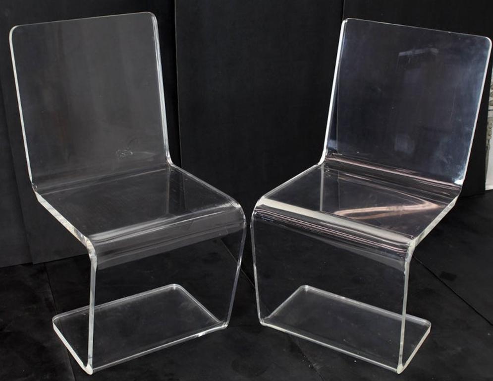 Pair of Thick Heavy Bent Lucite Dining Side Chairs Z Shape