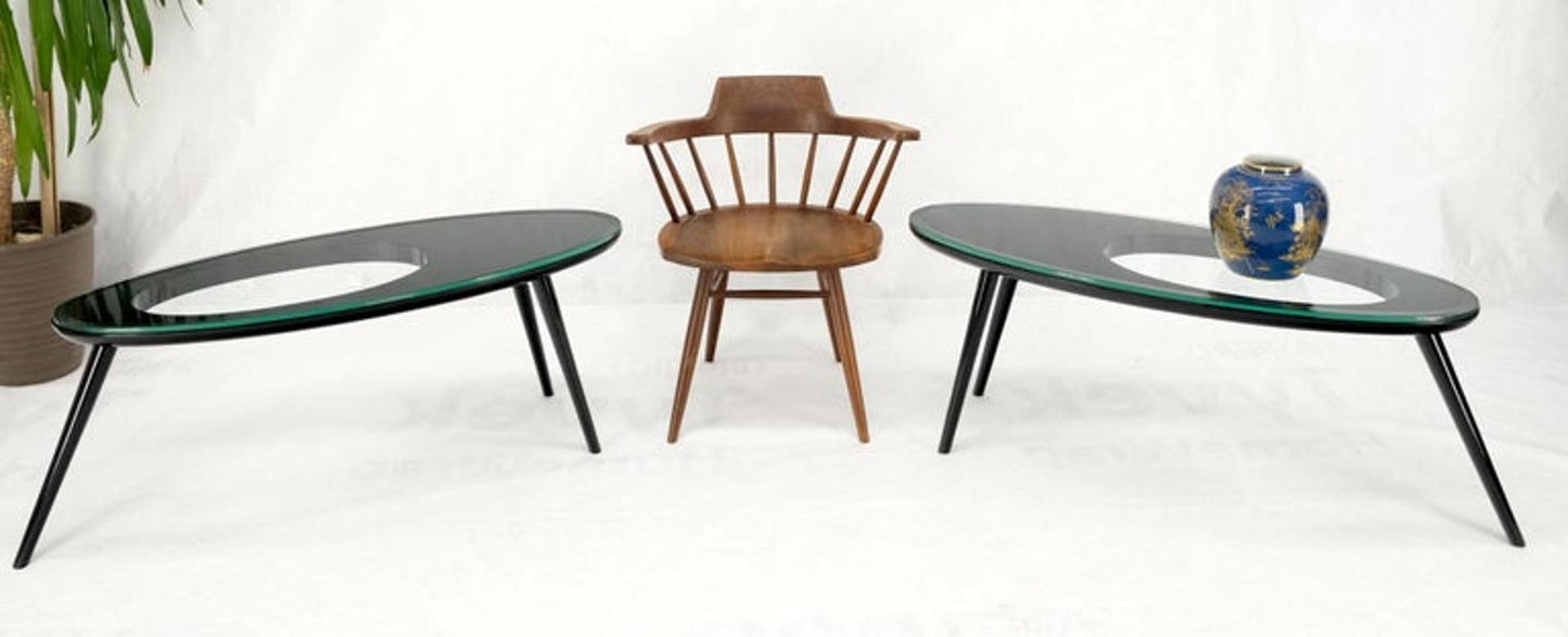 Pair Glass Top Black Lacquer Oval Pierced Shape Solid Tops End Side Tables Stand