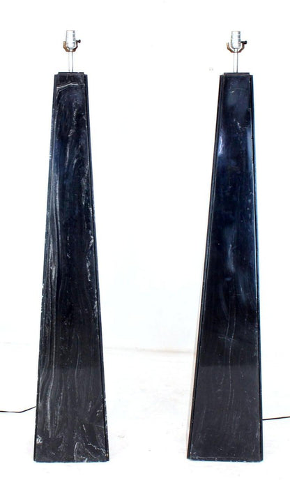 Pair of Black Marble Obelisk Shape Floor Lamps