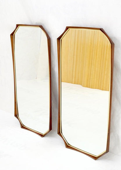 Pair of Oiled Walnut Frames Gold Trim Elongated Octagon Shape Wall Mirrors Mint!