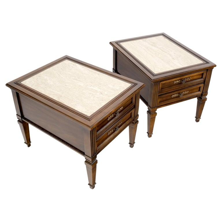 Pair Vintage Travertine Tops Cherry or Walnut Two Drawers End Tables Nightstands