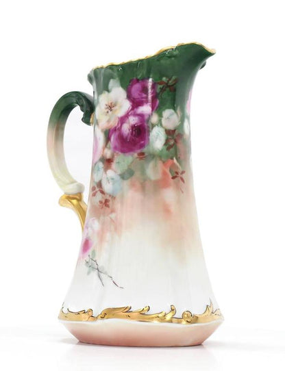 T&V France Floral Vase Shape Flower Painted Porcelain Pitcher