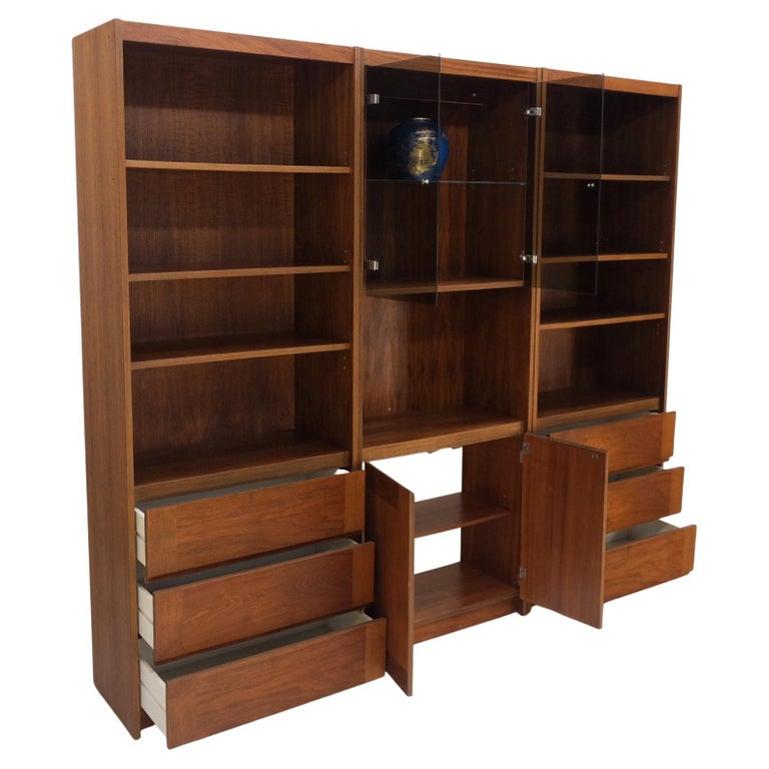 3 Bay Mid-Mentury Modern Walnut Glass Doors Bookcase Wall Unit Curio Cabinet