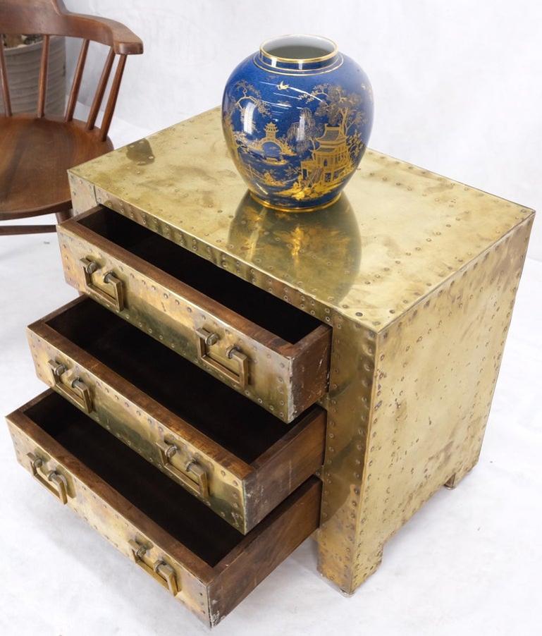 Sarreid Hollywood Regency Campaign Brass Clad Compact Chest of 3 Drawers Stand