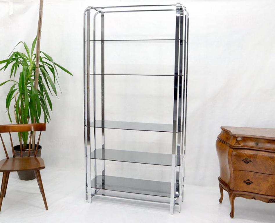 Crome and Smoked Bronze Glass Shelves Tall Display Étagère Vitrine