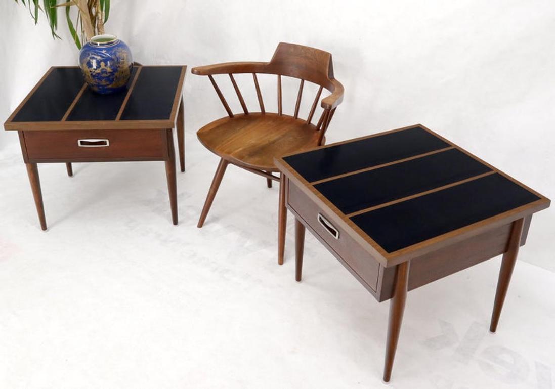 Pair of Walnut One-Drawer Side End Tables with Laminated Tops Tapered Legs