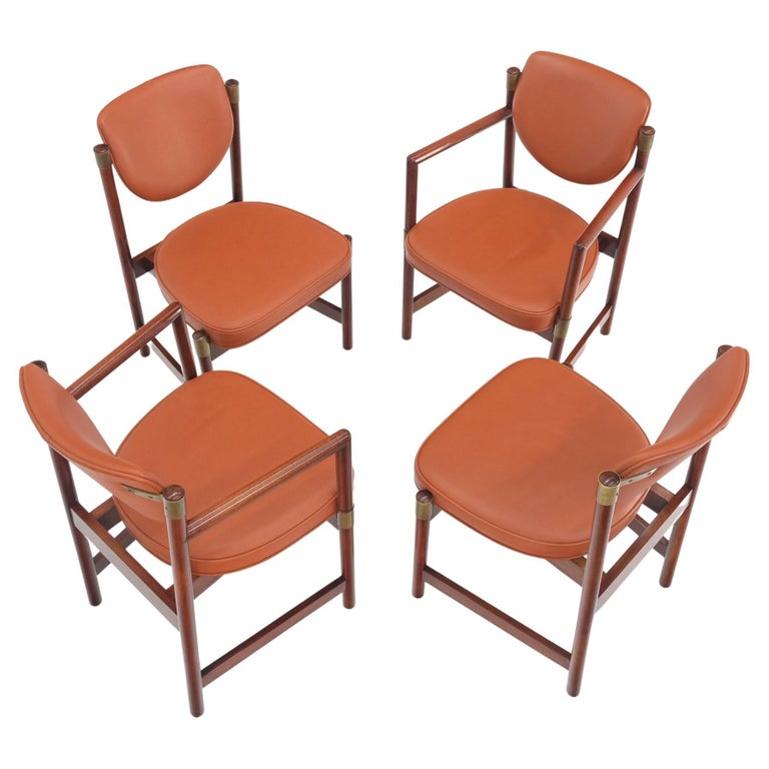 Set 4 Grosfeld House Brick Leather Upholstery Brass Accents Dining Chairs MINT!