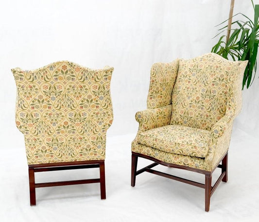 Pair of Deep Profile Antique Wing Arm Chairs Mahogany Legs Federal Style