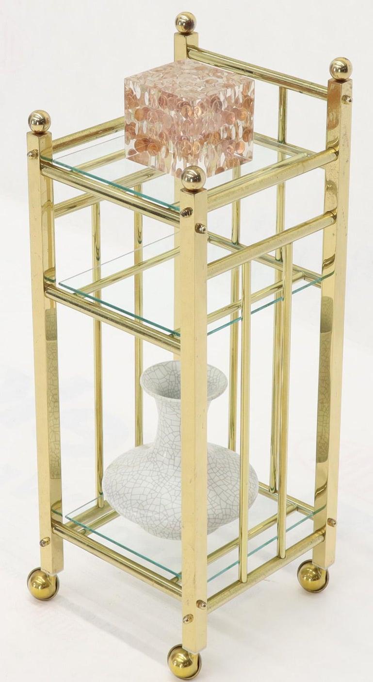 Mid-Century Modern Brass and Glass Square Stand Table Cart Pedestal on Wheels