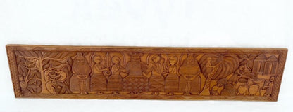 Carved Solid Teak Long Rectangle Wall Plaque Relief Sculpture Depicting Villager