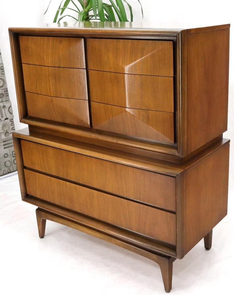 Diamond Front Walnut Mid-Century Modern Double High Chest Dresser