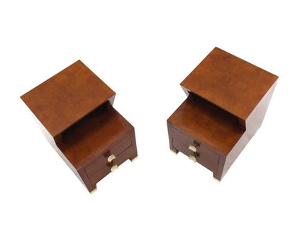 Pair of Art Deco Burl Wood End Tables Nightstands with Brass Hardware Pulls