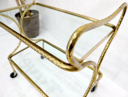 Italian Bent Textured Brass Tube Frame Glass Top Serving Cart on Wheels
