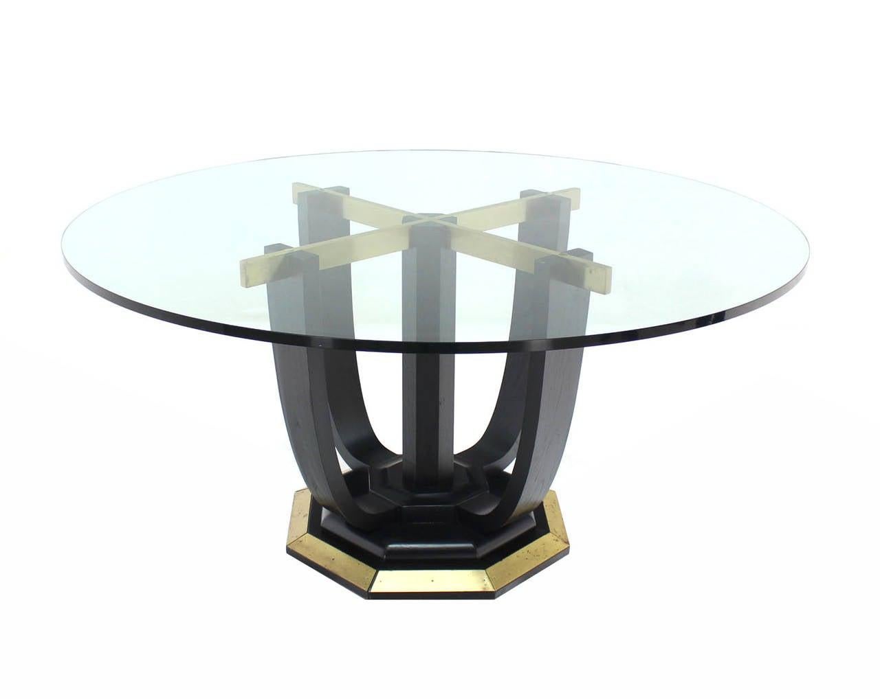 EstablishedLines Large Round Glass Top Figural Black Lacquer Bent Wood Brass Base Dining Table