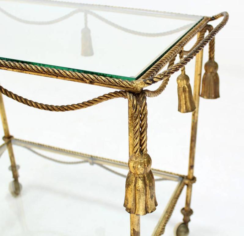 EstablishedLines Midcentury Italian Gold Gilt Metal Rope and Tassels Glass Top Bar Tea Cart Wheel