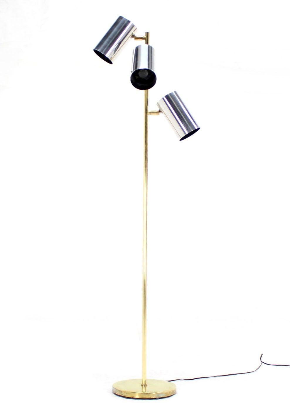 Midcentury Brass Base Tripple Floor Lamp Three Fully Adjustable Chrome Shades