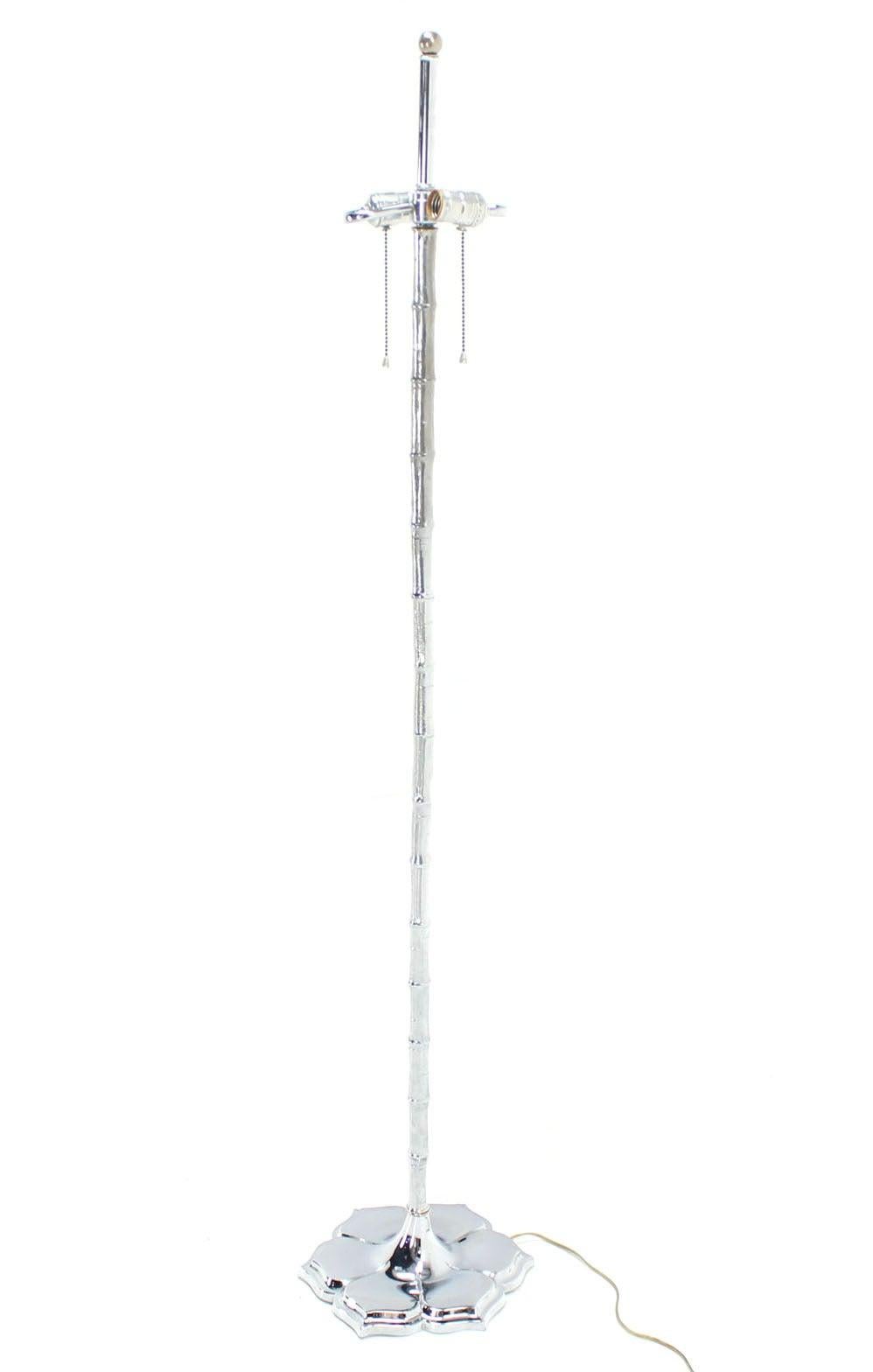Cast Metal Faux Bamboo Heavy Lotus Base Chrome Floor Lamp Torchere Mid Century
