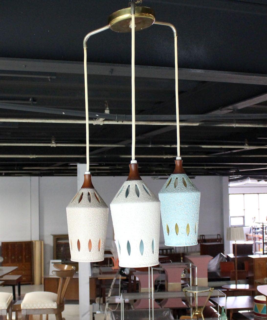 Triple Colored Glazed Pierced Pottery Ceramic Shades Pendant Light Fixture MINT!