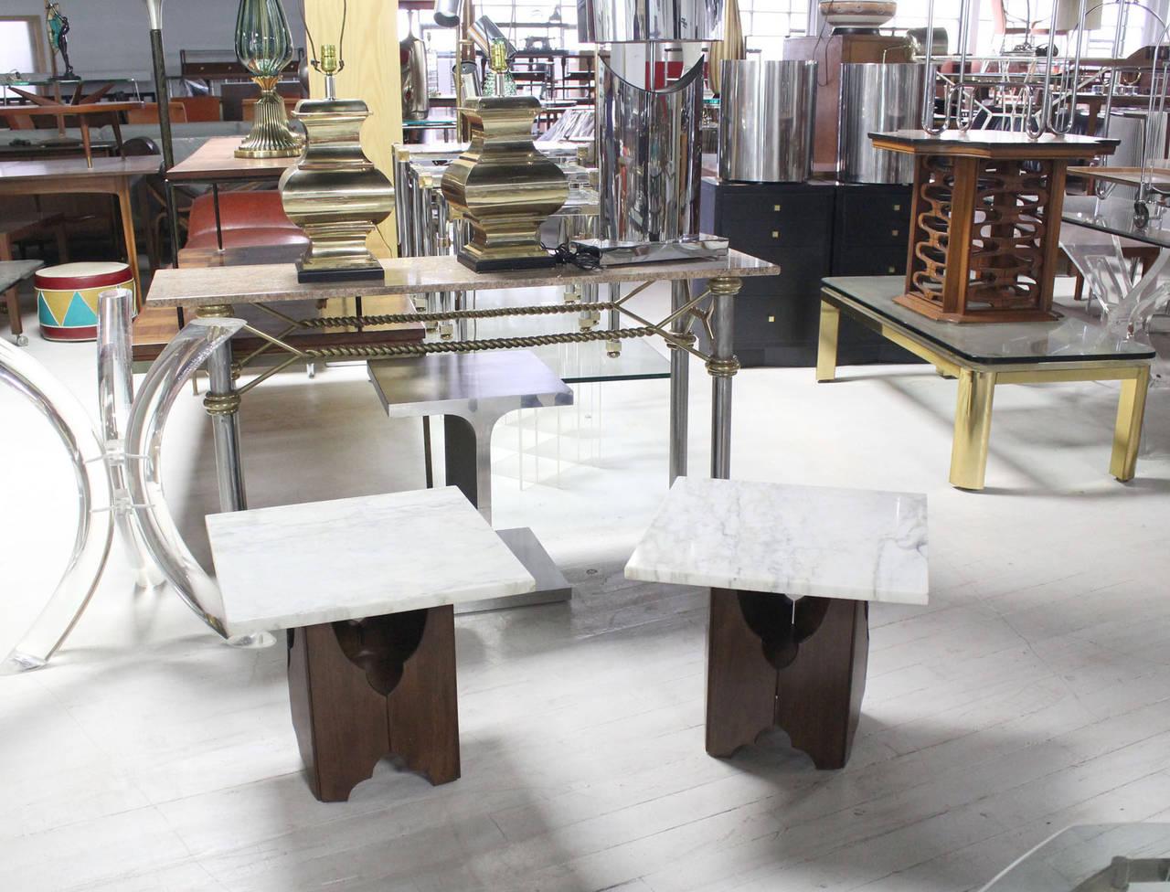 EstablishedLines Pair of Mid-Century Modern Walnut Base Square Marble Top End Side Tables MINT