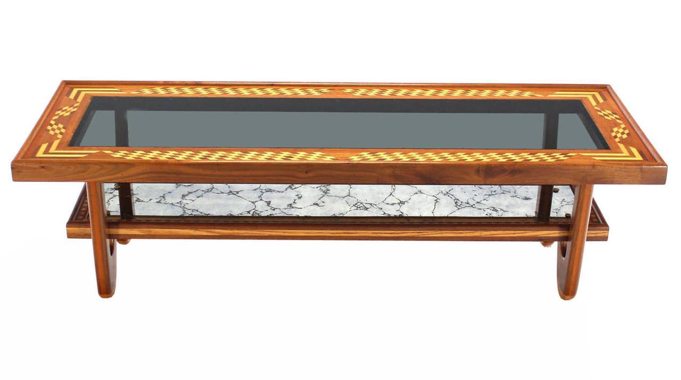 Walnut Hair Pin Leg Smoked Glass Marquetry Top Long Rectangle Coffee Table MINT