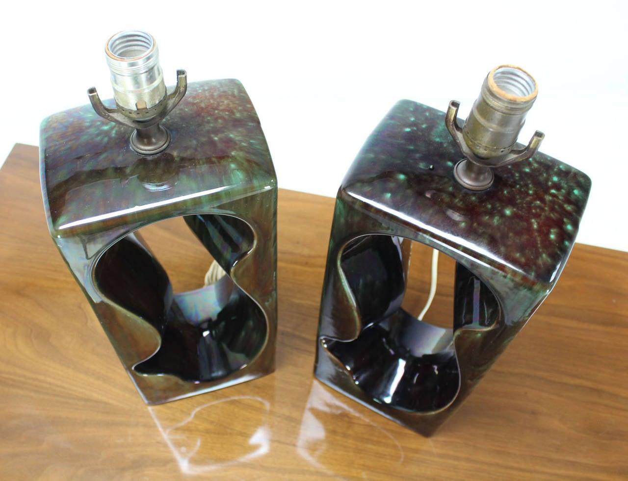 EstablishedLines Pierced Cube Shape Glazed to High Gloss Pottery Table Lamps MINT!
