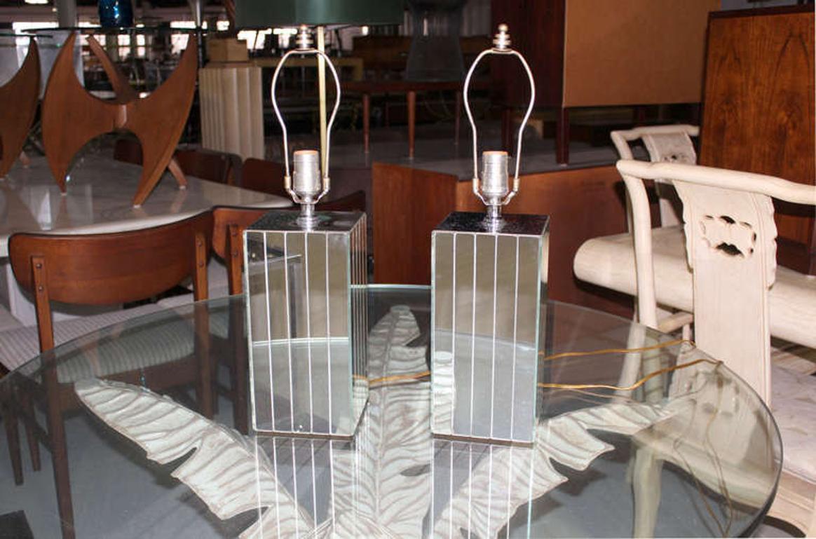 EstablishedLines Pair of Square Sky Scraper Shape Mid-Century Modern Mirrored Table Lamps MINT!