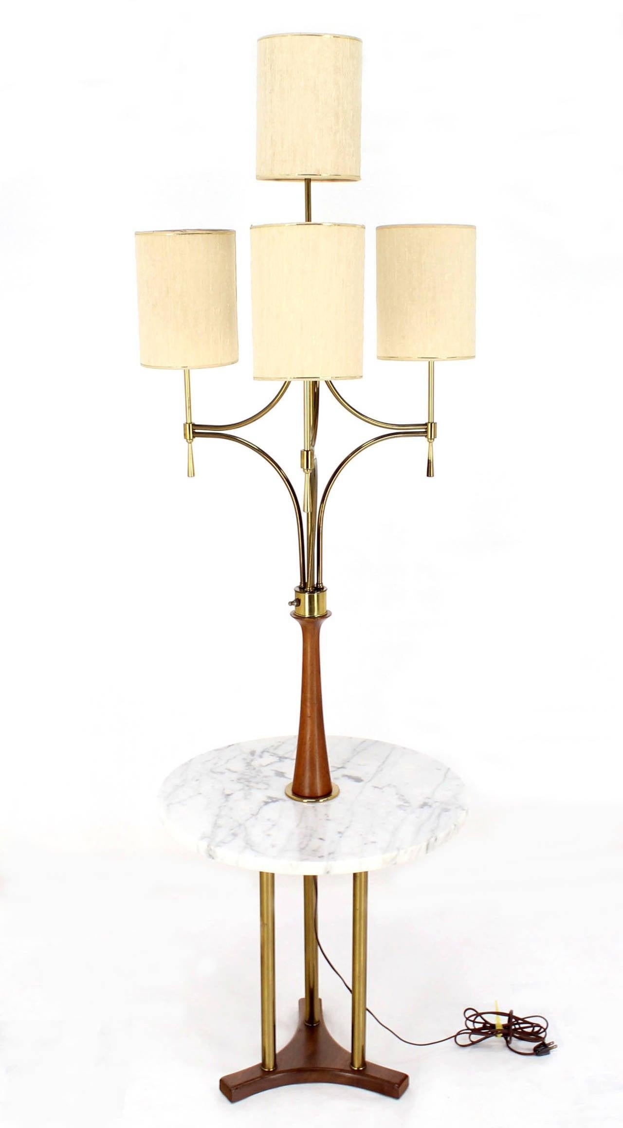 Mid Century Modern Walnut Brass Floor Lamp Round Marble Top Side Table Torchere