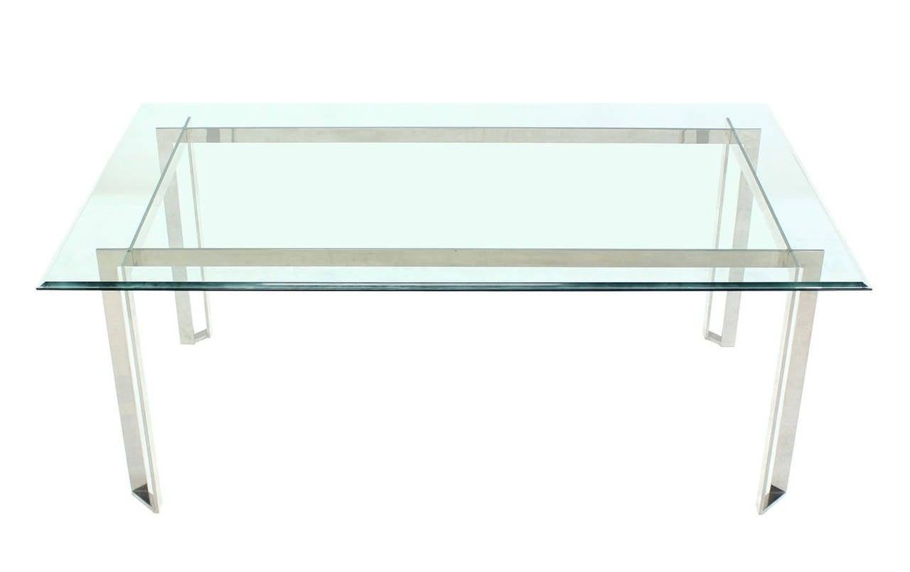 EstablishedLines Polished Stainless Steel Base Thick Glass Top Dining Room Table Mid Century