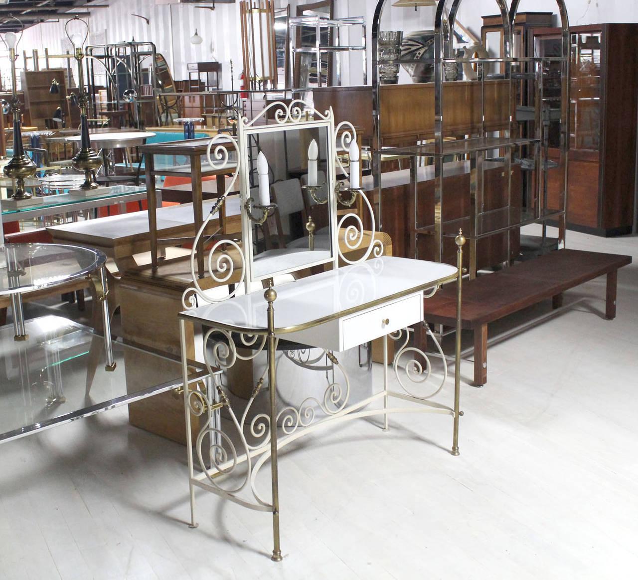 EstablishedLines Decorative Vanity Dressing Table Milk Glass Top Metal Scroll Brass Hardware