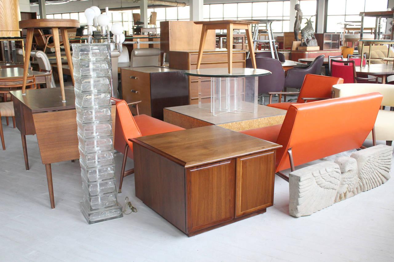 EstablishedLines Mid Century Modern Double Door Cabinet Cube Shape Walnut End Side Lamp Table