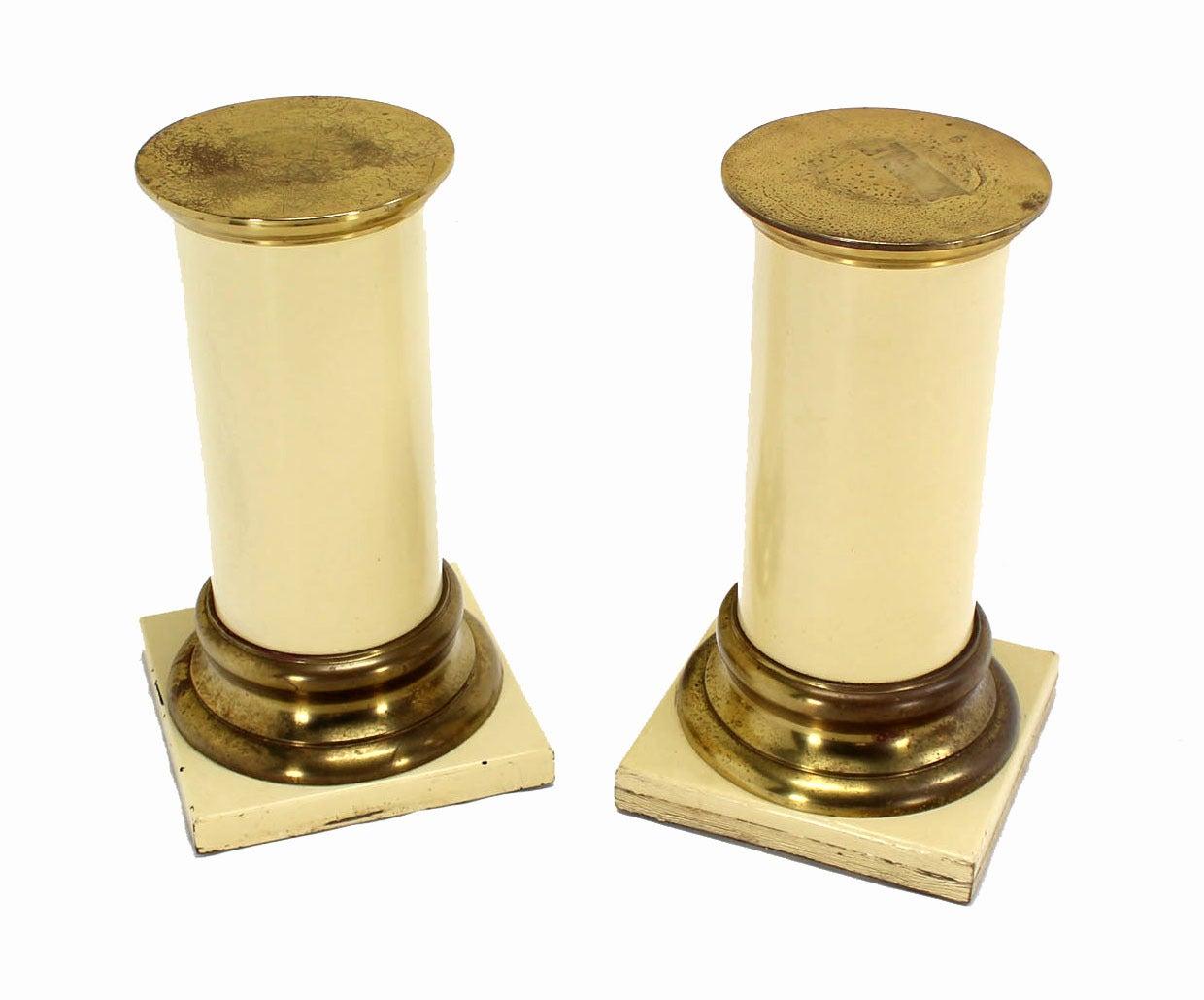 EstablishedLines Pair Brass and White Beige Lacquered Wood Round Pedestals Table Bases Stands