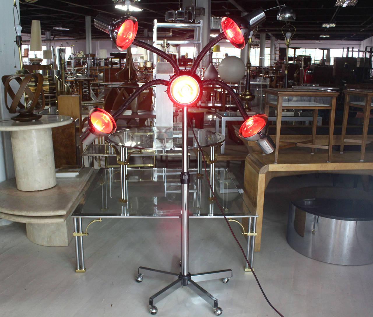 EstablishedLines Chrome Wheel Base Mid-Century Modern Adjustable Four-Arm Lamp Heat Lamps