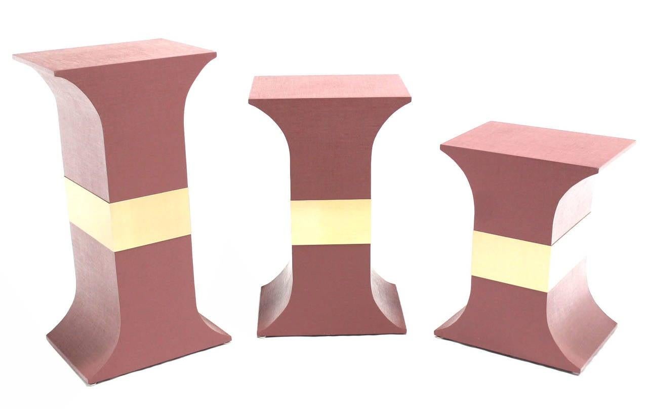 EstablishedLines Grasscloth Wrapped Three Mid Century Modern Pink Lacquer Brass Trim Pedestals