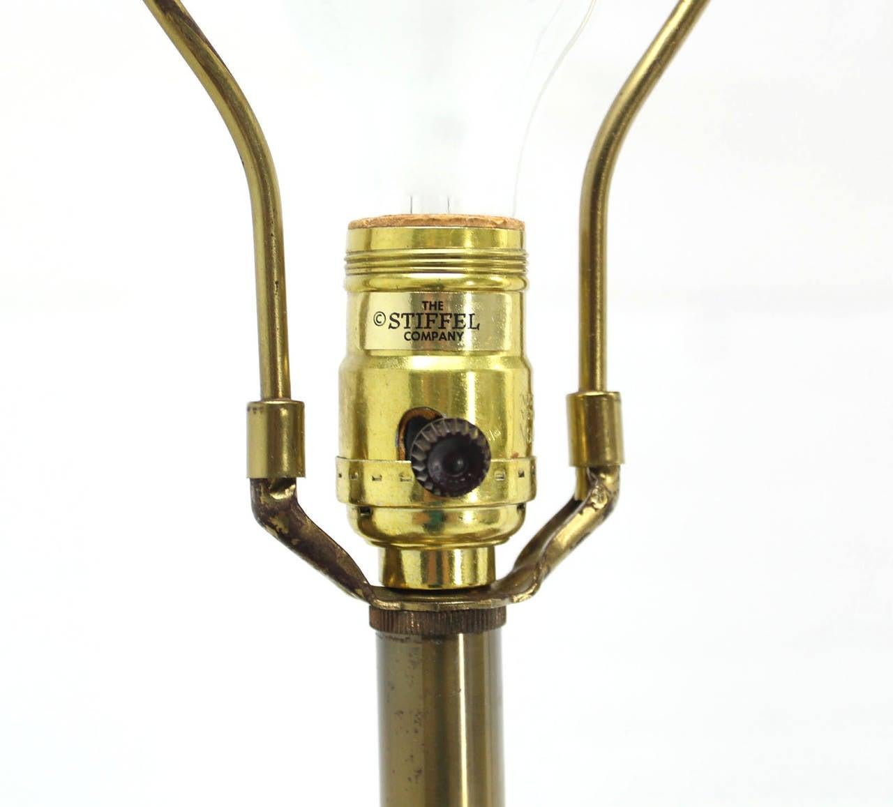 EstablishedLines Pair Mid Century Modern Stiffel Brass Finial Shape Table Lamps Marble Bases MINT