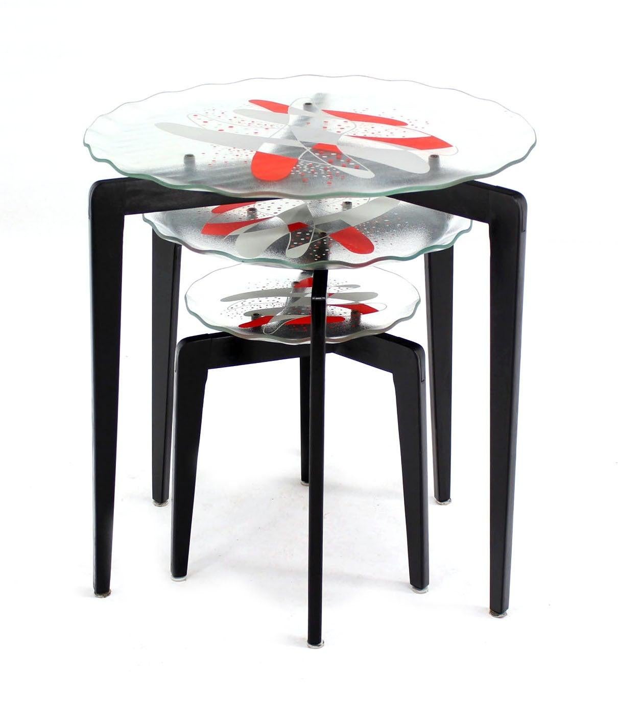 EstablishedLines Art Glass Scallop Edge Bowl Tray Top Tapered Leg Stackable Nesting Side Table