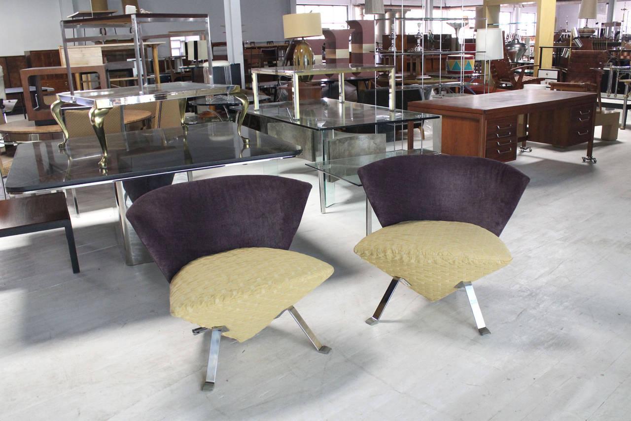 EstablishedLines Pair of Saporiti Italian Mid Century Modern Fan Back Two Tone Lounge Chairs MINT