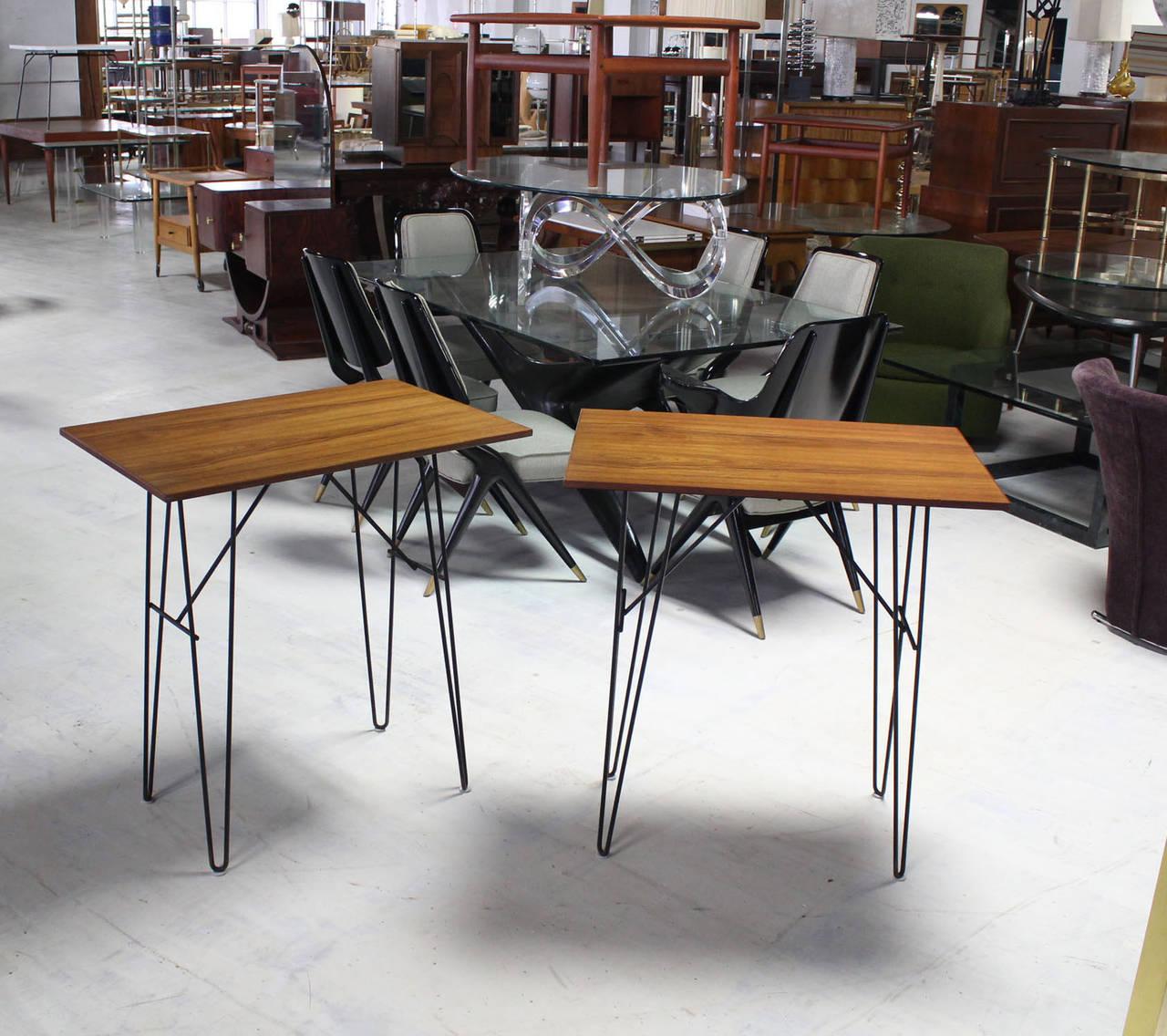 EstablishedLines Pair Teak Tops End Side Console Tables Stands Pedestals Tall Wire Legs MINT!