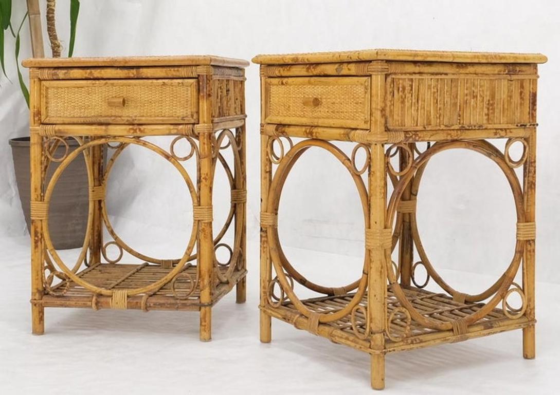 Pair of Bamboo Rattan One Drawer Cane Woven Top Side End Table Nightstands