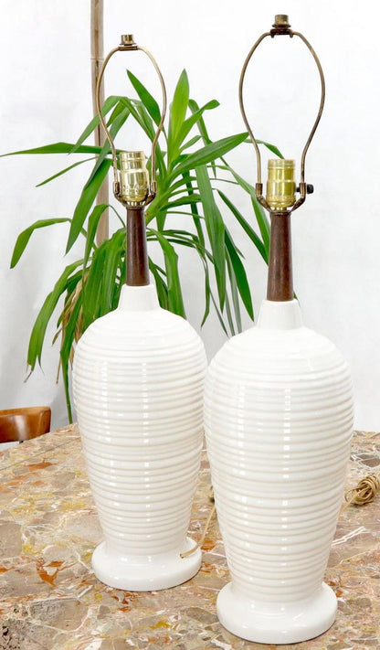 Pair of Vase Shape Glazed Ceramic Pottery Walnut Table Lamps