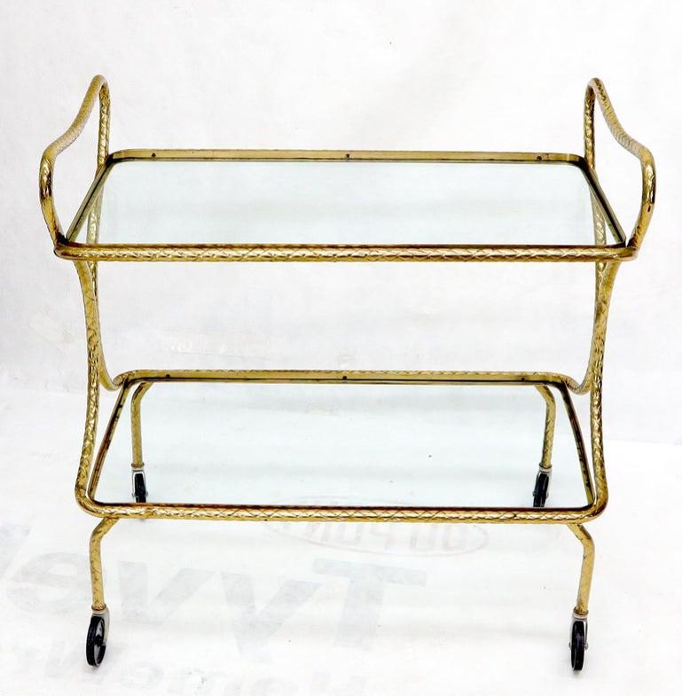 Italian Bent Textured Brass Tube Frame Glass Top Serving Cart on Wheels