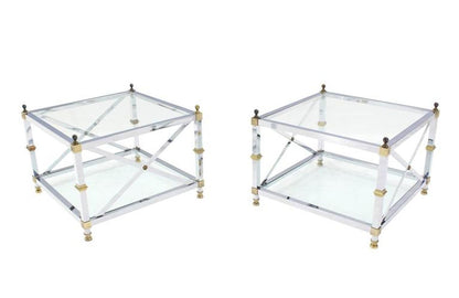 Pair of Large Square Jansen Chrome Brass Glass Side End Tables Mid-Century