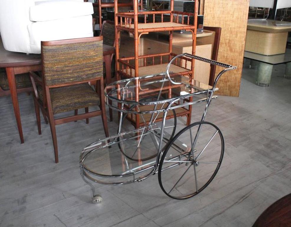 Large Wheel Design Chrome and Glass Tea Bar Cart