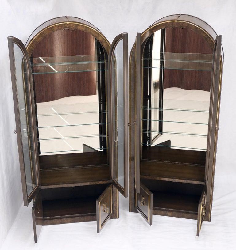 Pair Mastercraft Dome Shape Burl Wood Curio Display Cabinets w Shelves Lights