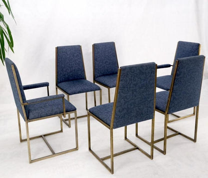 Set 6 Nice Bronze Satin Finish Blue Upholstery Dining Side Arm Chairs Armchairs
