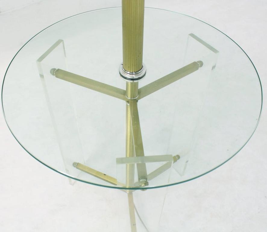 Brass and Lucite Tripod Leg Floor Lamp Glass Side Table