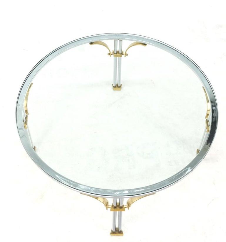 Round Glass Top Chrome Legs Solid Brass Stretchers & Feet Coffee Center Table