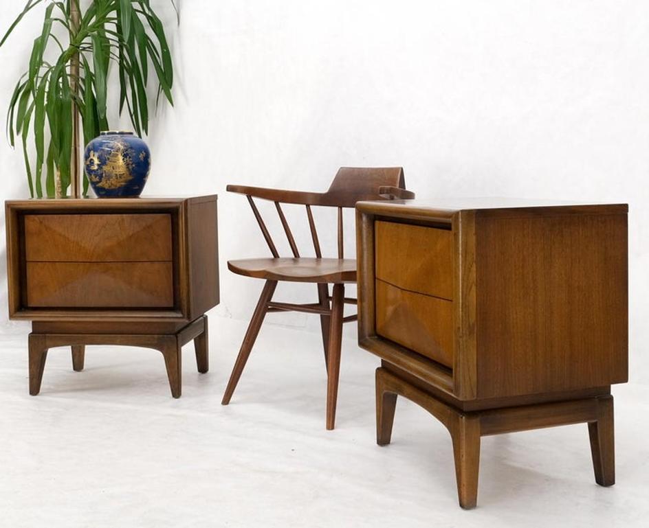 Pair Mid-Century Modern Dimond Front Drawers End Tables Nightstands Stands