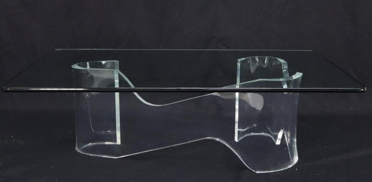 Thick Bent Lucite Organic Shape Base Rectangle Glass top Coffee Table