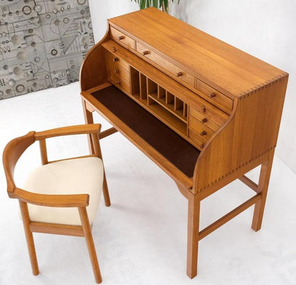 Danish Mid-Century Modern Solid Teak Pull Out Roll Top Desk Drawers Chair Mint